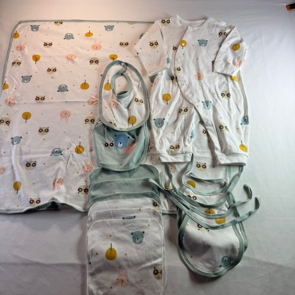 Zibo Good‎ Doll Baby Set Size 73 9pc Romper Blanket Bibs Animal Print Outfit Top